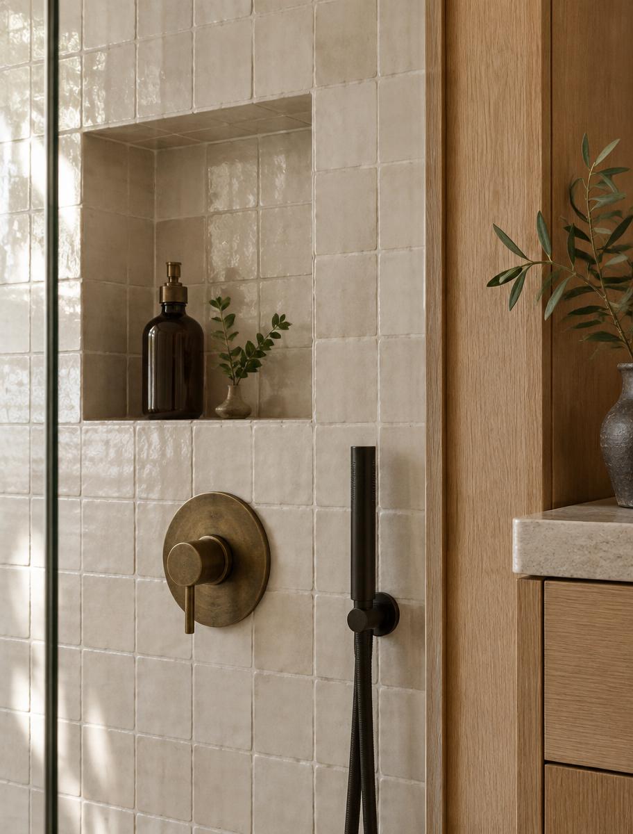 Handmade tile niche and oak joinery detail, shown as material inspiration