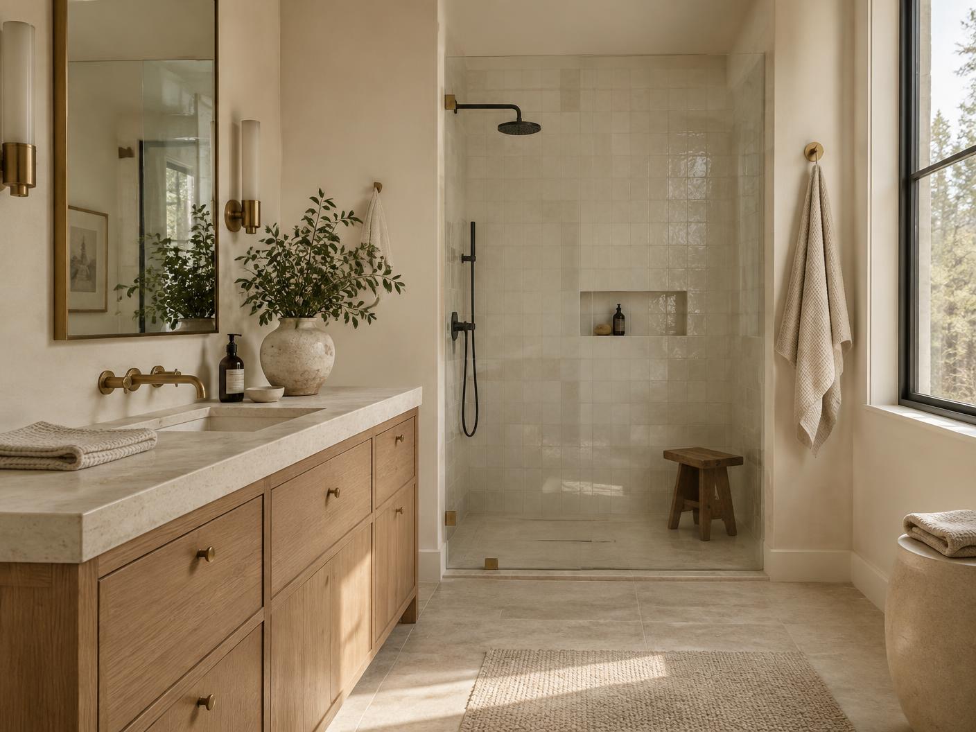 Oak vanity and tiled walk-in shower, shown as bathroom design inspiration