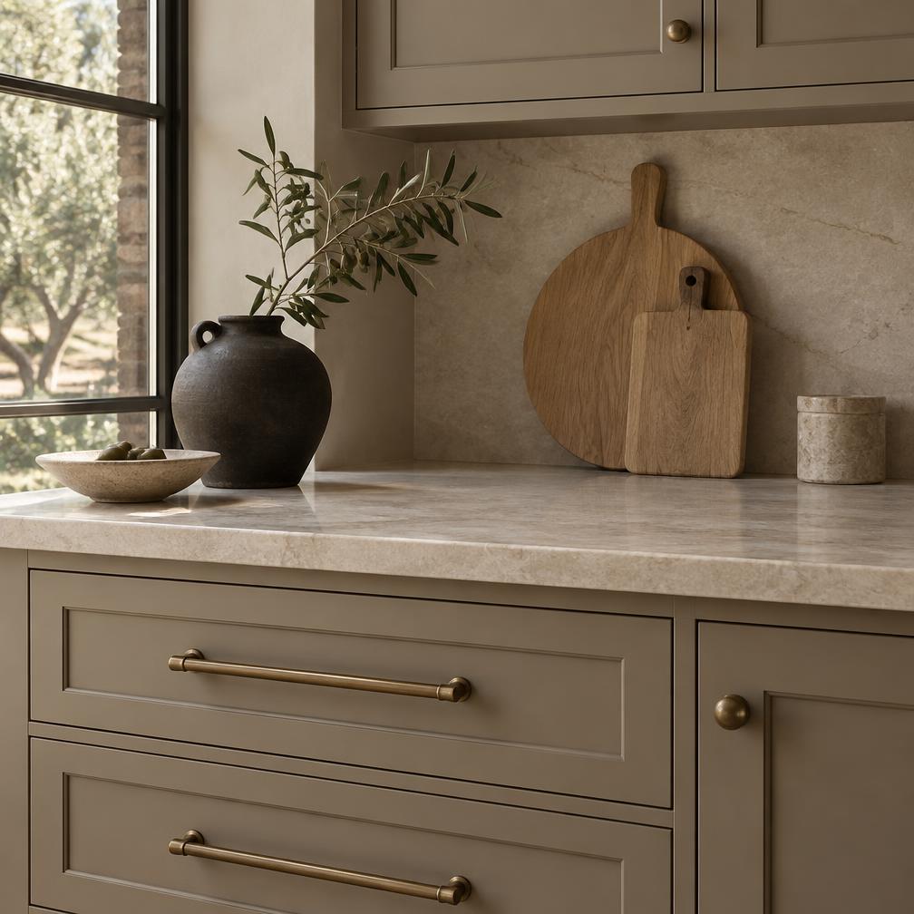 Taupe cabinetry with pale stone counter and aged brass hardware