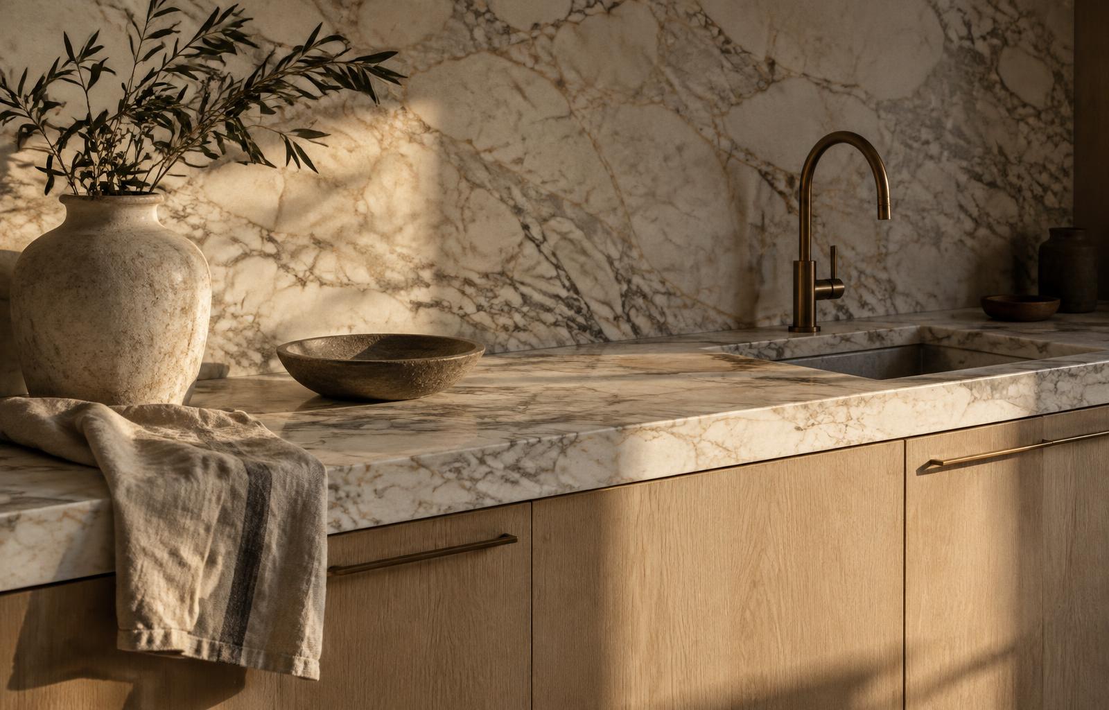 Kitchen remodel detail with marble counters, full height stone splash and pale oak cabinetry